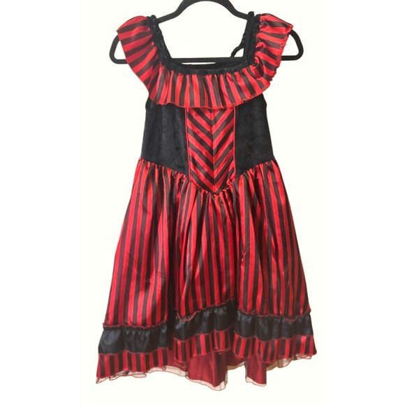 Vintage-Inspired Red & Black Striped Costume Dress w Ruffled Neckline & Matching - Picture 3 of 16